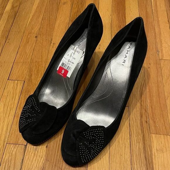 Tahari David Black Suede High Heels Rhinestone Embellished Bow Women’s Size 9 - Picture 1 of 11